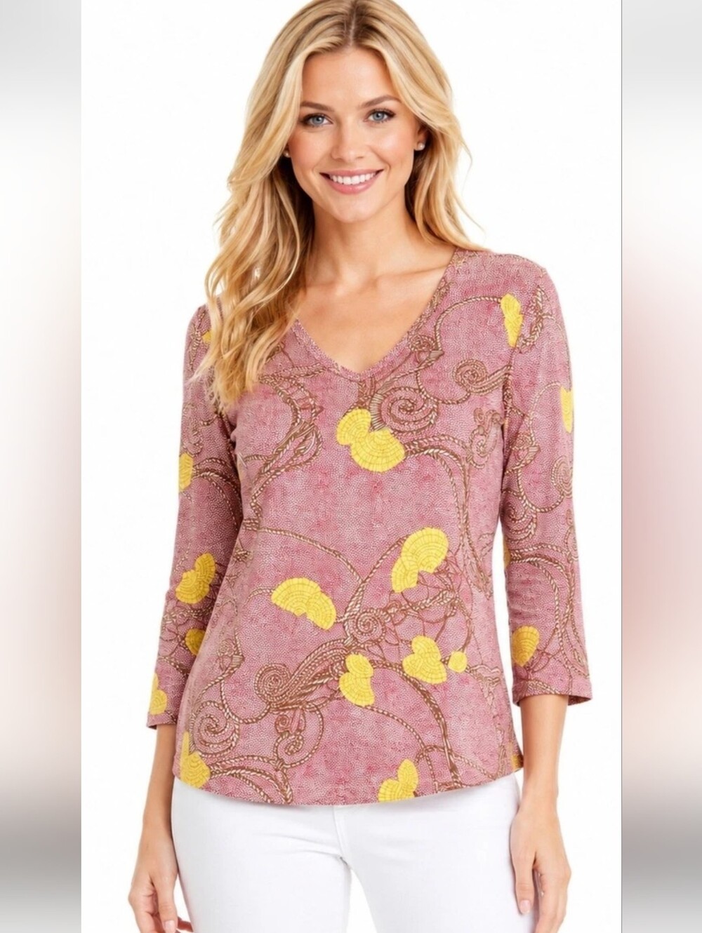 #311.J. McLaughlin Dusty Pink V-Neck Long Sleeve Top with Yellow Floral Motif